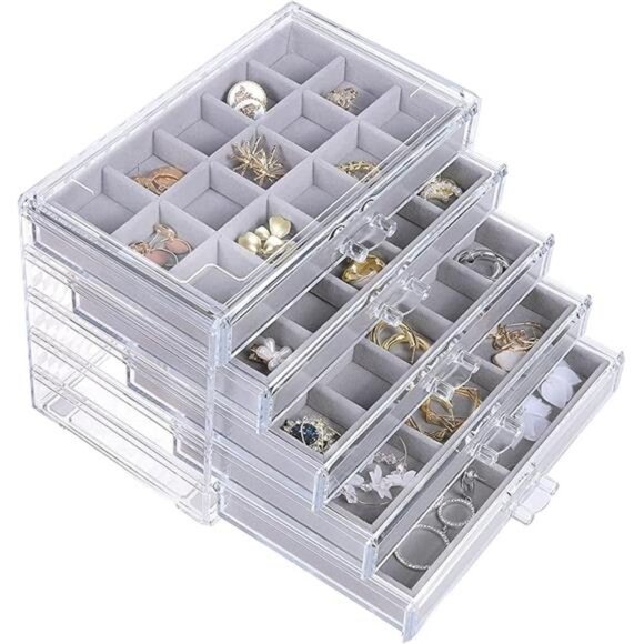 Earring Jewelry Organizer Acrylic Box 5 Drawers Velvet Display Holder Gray Women - Picture 7 of 7